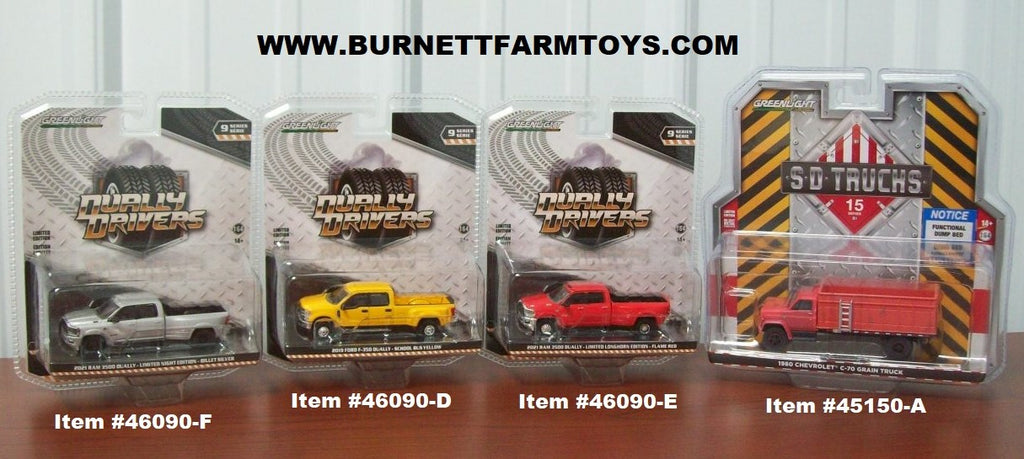 1/64 Scale Greenlight's RAM Ford Dually Pickups and Chevy Grain Truck