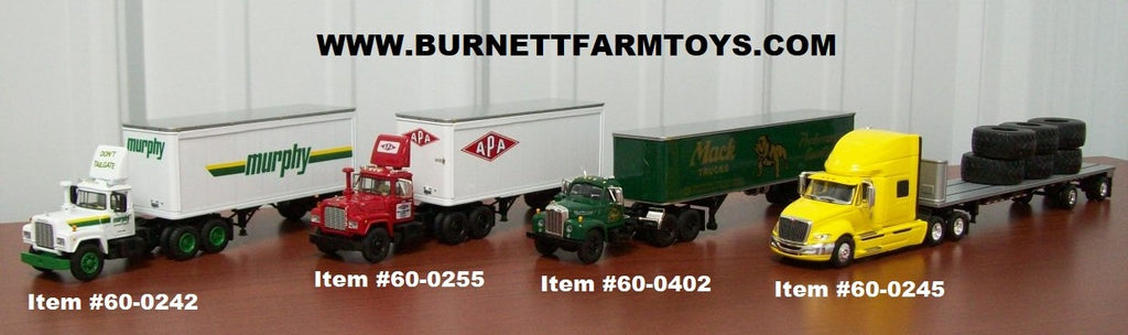 Mack with Pup Van Trailers and International Prostar with Flatbed Trailer