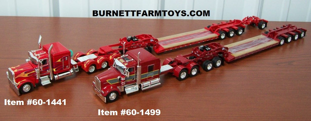 Two Lowboy Trailers with Peterbilt and Kenworth Tractors