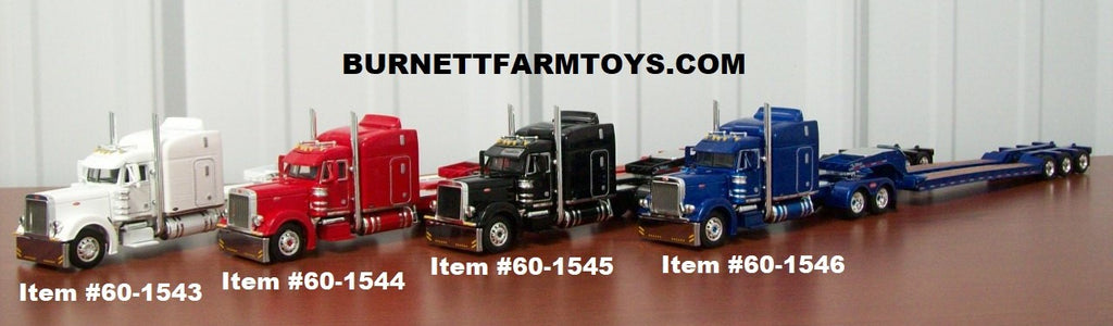 White, Red, Black, and Blue Peterbilt with Talbert Lowboy Trailers