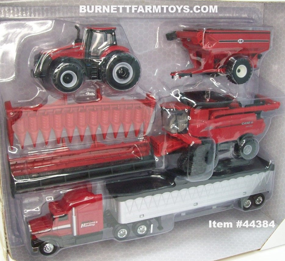 Item #44384 Case IH Harvesting Set with 340 Tractor Red J&M Grain Cart 8250 Tracked Combine Semi Truck with Grain Trailer - 1/64 Scale – Ertl / Tomy Item #44384 Case IH Harvesting Set with 340 Tractor Red J&M Grain Cart 8250 Tracked Combine Semi Truck with Grain Trailer - 1/64 Scale – Ertl / Tomy