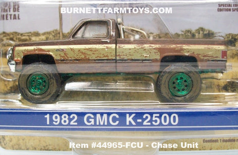 Item #44965-FCU Muddy Brown Gold Green Frame 1982 GMC K-2500 Pickup Truck - Chase Unit - Fall Guy Stuntman Association Edition - 1/64 Scale - Greenlight