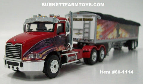 Item #60-1114 Mercier Transport Our Fallen Heroes Red Mack Pinnacle Day Cab with Tandem Axle Wilson Pacesetter 43-foot High Sided Hopper Bottom Grain Trailer - 1/64 Scale - DCP by First Gear
