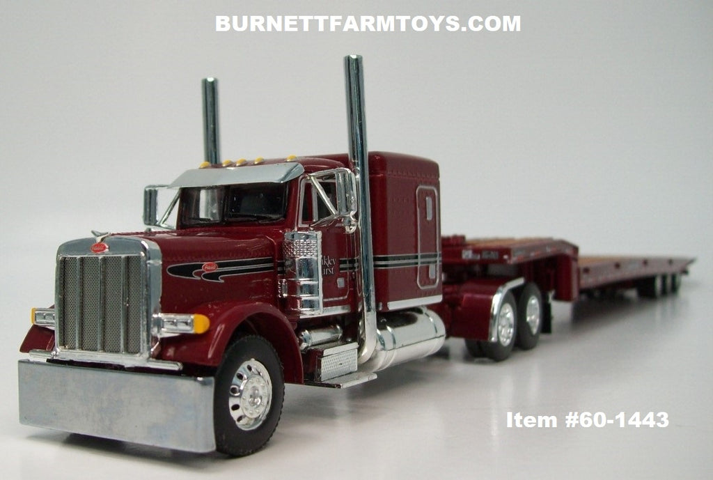 Item #60-1443 Binkley and Hurst Burgundy Black Stripe Silver Outline Peterbilt 379 63-inch Flattop Sleeper with Burgundy Tri-Axle Talbert 5553TA Slide