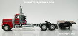 Item #60-1446 Binkley and Hurst Red Black Stripe Silver Outline Peterbilt 389 Day Cab with Headache Rack and Black Tri-Axle Talbert 5553TA Slide Axle Flatbed Trailer - 1/64 Scale - DCP by First Gear