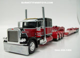 Item #60-1496 Black Red Silver Outline Tri-Axle Peterbilt 389 63-inch Flattop Sleeper with Red Tri-Axle Fontaine Magnitude Lowboy Trailer with Flip Axle and Detachable Neck - 1/64 Scale - DCP by First Gear