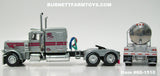 Item #60-1510 Mies and Daughter Trucking Silver Pink Black Outline Peterbilt 389 63-inch Flattop Sleeper with Tandem Axle Walker Milk Tanker Trailer - 1/64 Scale - DCP by First Gear