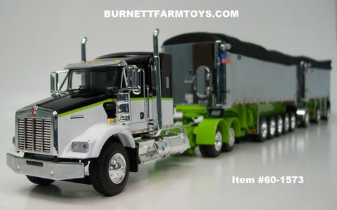 Item #60-1573 Black White Lime Green Kenworth T800 38-inch Sleeper with Chrome Sided Black Tarp Lime Green Frame East Genesis II 31-foot and 20-foot Michigan Train End Dump Trailers - 1/64 Scale - DCP by First Gear