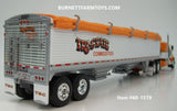 Item #60-1579 Tri State Commodities Orange White Gold Kenworth W900A 60-inch Flattop Sleeper with White Sided Orange Tarp Tandem Axle Wilson Pacesetter High Sided Hopper Bottom Grain Trailer - 1/64 Scale DCP - Note: Spots on Passenger Fender - Sold As-Is