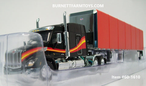 Item #60-1610 Black with Red Orange Yellow Stripe Peterbilt 579 72-inch Mid Roof Sleeper with Red Tarp Spread Axle Utility Roll Tarp Flatbed Trailer - 1/64 Scale - DCP by First Gear