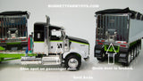 Item #60-1573 Black White Lime Green Kenworth T800 38-inch Sleeper with Chrome Sided Black Tarp Lime Green Frame East Genesis Michigan Train Dump Trailers - 1/64 Scale - DCP by First Gear - Note: Glue Spot on Cab Door and Broken Grain Door - Sold As-Is