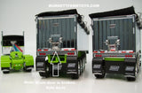 Item #60-1573 Black White Lime Green Kenworth T800 38-inch Sleeper with Chrome Sided Black Tarp Lime Green Frame East Genesis Michigan Train Dump Trailers - 1/64 Scale - DCP by First Gear - Note: Glue Spot on Cab Door and Broken Grain Door - Sold As-Is