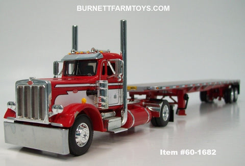 Item #60-1682 Red White Black Outline Peterbilt 359 Day Cab with Silver Deck Red Frame 48-foot Tandem Axle Utility Flatbed Trailer - 1/64 Scale – DCP by First Gear