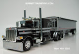 Item #60-1702 Black Silver Stripe Peterbilt 389 63-inch Flattop Sleeper with Silver High Sided Black Tarp Silver Frame Tandem Axle Wilson 43-foot Pacesetter Hopper Bottom Grain Trailer - 1/64 Scale - DCP by First Gear
