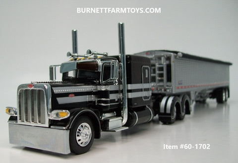 Item #60-1702 Black Silver Stripe Peterbilt 389 63-inch Flattop Sleeper with Silver High Sided Black Tarp Silver Frame Tandem Axle Wilson 43-foot Pacesetter Hopper Bottom Grain Trailer - 1/64 Scale - DCP by First Gear