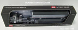 Item #60-1702 Black Silver Stripe Peterbilt 389 63-inch Flattop Sleeper with Silver High Sided Black Tarp Silver Frame Tandem Axle Wilson 43-foot Pacesetter Hopper Bottom Grain Trailer - 1/64 Scale - DCP by First Gear
