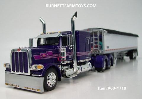 Item #60-1710 Purple Pink Stripe Silver Outline Peterbilt 389 63-inch Flattop Sleeper with White High Sided Black Tarp Silver Frame Tandem Axle Wilson 43-foot Pacesetter Hopper Bottom Grain Trailer - 1/64 Scale - DCP by First Gear