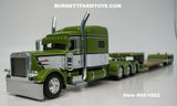 Item #60-1922 Olive Green Metallic White Black Stripe Peterbilt 389 70-inch Mid Roof Sleeper with Olive Green Metallic Tandem Axle Fontaine Renegade Machinery Trailer with Flip Axle - 1/64 Scale – DCP by First Gear
