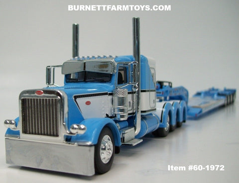 Item #60-1972 Baby Blue White Black Outline Peterbilt 389 48-inch Flattop Sleeper with Baby Blue Tri-Axle Fontaine Magnitude Lowboy Trailer with Flip Axle - 1/64 Scale – DCP by First Gear