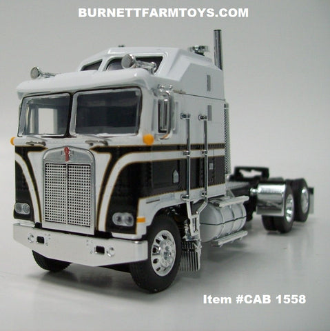 Item #CAB 1558 White Black Gold Outline Long Frame Kenworth K100 COE Aerodyne Sleeper - 1/64 Scale - DCP by First Gear
