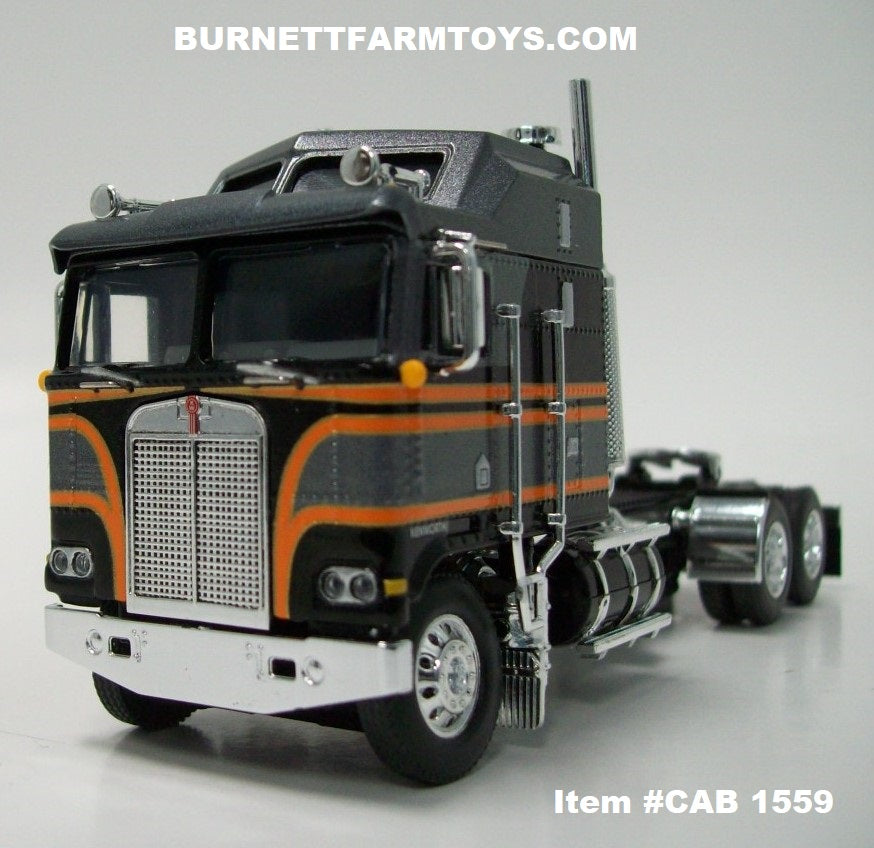 Item #CAB 1559 Gun Metal Gray Black Orange and Gold Outline Kenworth K100  COE Aerodyne Sleeper - 1/64 Scale - DCP by First Gear