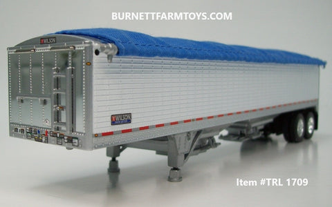 Item #TRL 1709 White High Sided Blue Tarp Silver Frame Tandem Axle Wilson 43-foot Pacesetter Hopper Bottom Grain Trailer - 1/64 Scale - DCP by First Gear