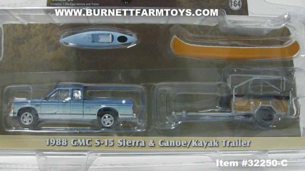 Item #32250-C Blue 1988 GMC S-15 Sierra Pickup Truck with Canoe Kayak and  Trailer - 1/64 Scale - Greenlight - Hitch & Tow Series 25