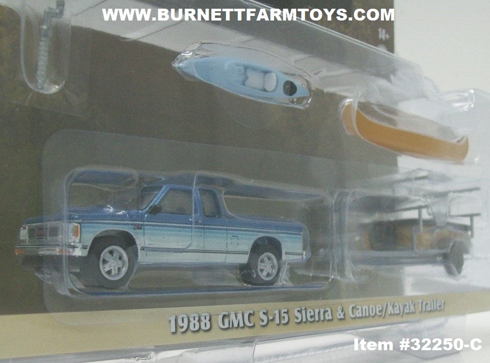 Item #32250-C Blue 1988 GMC S-15 Sierra Pickup Truck with Canoe Kayak and  Trailer - 1/64 Scale - Greenlight - Hitch & Tow Series 25