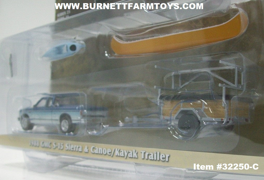 Item #32250-C Blue 1988 GMC S-15 Sierra Pickup Truck with Canoe Kayak and  Trailer - 1/64 Scale - Greenlight - Hitch & Tow Series 25