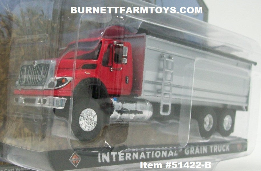 Item #51422-B Red Silver Bed Black Tarp International Grain Truck - 1/64  Scale - Greenlight