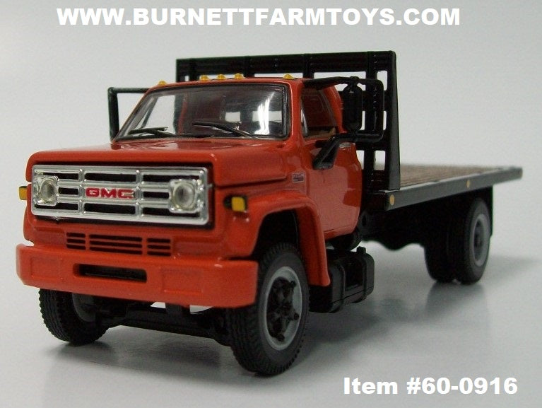 Item #60-0916 Orange GMC 6500 Flatbed Truck with Single Axle Wood Floor  Black Frame Flatbed - 1/64 Scale - Note: Bed Does Not Tilt