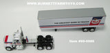 Item #60-0986 Mack Trucks White Blue Stripe Red Stripe Long Frame Mack Superliner Day Cab with White Blue Red Tandem Axle 40-foot Vintage Dry Goods Van Trailer - 1/64 Scale - DCP