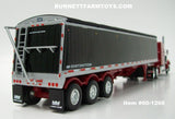 Item #60-1266 Spectra Red Peterbilt 359 Mid Roof Sleeper with Black Sided Black Tarp Spectra Red Frame Tri-Axle Lode King Distinction Hopper Bottom Grain Trailer - 1/64 Scale - DCP by First Gear
