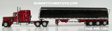 Item #60-1266 Spectra Red Peterbilt 359 Mid Roof Sleeper with Black Sided Black Tarp Spectra Red Frame Tri-Axle Lode King Distinction Hopper Bottom Grain Trailer - 1/64 Scale - DCP by First Gear