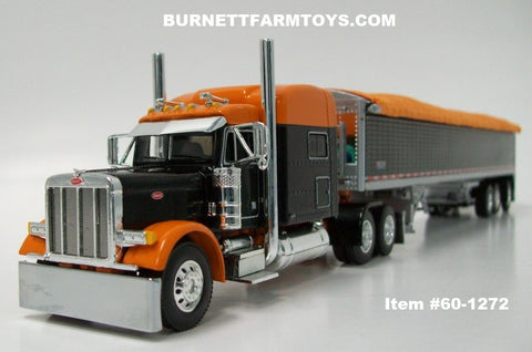 Item #60-1272 Orange Black Peterbilt 379 70-inch Mid Roof Sleeper with Black Sided Orange Tarp Silver Frame Tri-Axle Wilson Pacesetter Hopper Bottom Grain Trailer - 1/64 Scale - DCP by First Gear