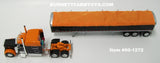 Item #60-1272 Orange Black Peterbilt 379 70-inch Mid Roof Sleeper with Black Sided Orange Tarp Silver Frame Tri-Axle Wilson Pacesetter Hopper Bottom Grain Trailer - 1/64 Scale - DCP by First Gear