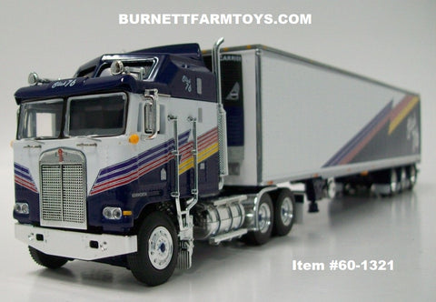 Item #60-1321 Slick 76 Purple White Red Stripe Yellow Stripe Kenworth K100 Cabover Aerodyne Sleeper with 53-foot Tri-Axle Refrigerated Utility Van Trailer with Carrier Refrigerator - 1/64 Scale - DCP by First Gear