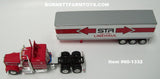 Item #60-1332 STR East-West Line Haul Red White Stripe Black Outline Kenworth W900A 60-inch Flattop Sleeper with Air Faring and White Red Black Sided Silver Trim Red Frame 40-foot Vintage Tri-Axle Van Trailer - 1/64 Scale - DCP by First Gear