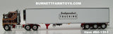 Item #60-1353 Independent Trucking Brown Metallic Gold Salmon Stripe White Outline Red Frame Kenworth K100 Cabover Aerodyne Sleeper with 53-foot Tri-Axle Refrigerated Utility Van Trailer with Carrier Refrigerator - 1/64 Scale - DCP by First Gear