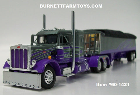 Item #60-1421 Gray Purple Lime Outline Long Frame Peterbilt 359 36-inch Flattop Sleeper with Gray Purple Lime Outline Sided Black Tarp Purple Frame Tandem Axle Wilson Commander Hopper Bottom Grain Trailer - 1/64 Scale - DCP by First Gear