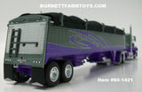 Item #60-1421 Gray Purple Lime Outline Long Frame Peterbilt 359 36-inch Flattop Sleeper with Gray Purple Lime Outline Sided Black Tarp Purple Frame Tandem Axle Wilson Commander Hopper Bottom Grain Trailer - 1/64 Scale - DCP by First Gear
