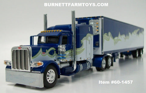 Item #60-1457 Blue Metallic White Silver Lime Green Outline Peterbilt 389 63-inch Mid Roof Sleeper with Spread Axle Utility Ribbed Refrigerator Trailer with Thermo King Refrigerator - 1/64 Scale - DCP by First Gear