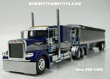 Item #60-1460 Blue Silver Gold Peterbilt 389 63-inch Flattop Sleeper with Black Sided Black Tarp Silver Frame Tandem Axle Wilson Commander Hopper Bottom Grain Trailer with Chrome End Caps - 1/64 Scale - DCP