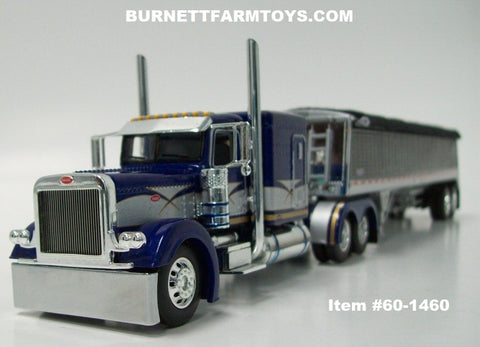 Item #60-1460 Blue Silver Gold Peterbilt 389 63-inch Flattop Sleeper with Black Sided Black Tarp Silver Frame Tandem Axle Wilson Commander Hopper Bottom Grain Trailer with Chrome End Caps - 1/64 Scale - DCP
