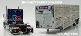 Item #60-1466 Hilton Trucking Purple Silver Black Red Outline Peterbilt 389 63-inch Mid Roof Sleeper with Silver Spread Axle Wilson Silver Star Livestock Trailer with Translucent Roof and Chrome End Caps - 1/64 Scale - DCP by First Gear
