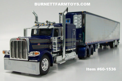 Item #60-1536 Cobalt Blue Gun Metal Gray Gold Outline Peterbilt 389 63-inch Flattop Sleeper with Chrome Ribbed Sided Cobalt Blue Trim Spread Axle Utility Refrigerated Trailer with Thermo King Refrigerator - 1/64 Scale - DCP by First Gear