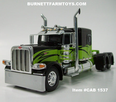 Item #CAB 1537 Black Lime Green Peterbilt 389 63-inch Flattop Sleeper - 1/64 Scale - DCP by First Gear