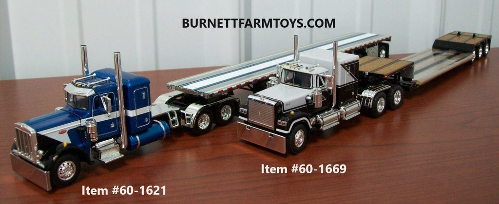 Peterbilt with Flatbed Trailer and Mack Superliner with Renegade Lowboy Machinery Trailer