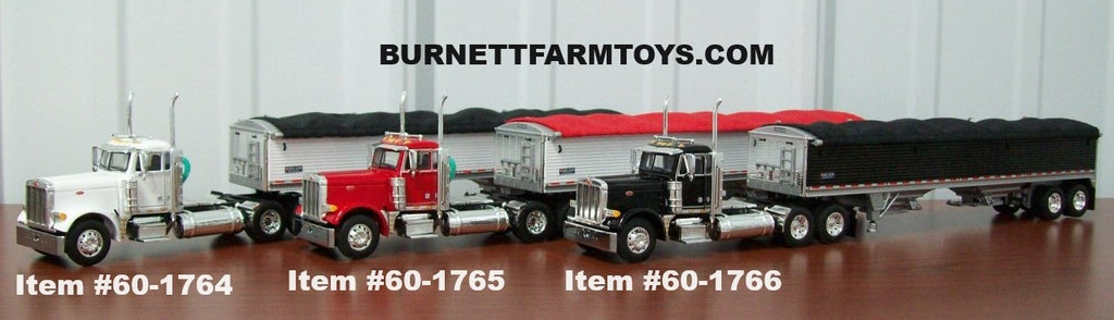White Red and Black Peterbilt Day Cab with Hopper Bottom Grain Trailers