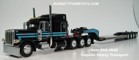 Item #60-1842 Capello Heavy Transport Black Blue Stripe Red Frame Tri-Axle Peterbilt 389 63-inch Mid Roof Sleeper with Black Tri-Axle Fontaine Magnitude Lowboy Trailer with Flip Axle - 1/64 Scale – DCP by First Gear